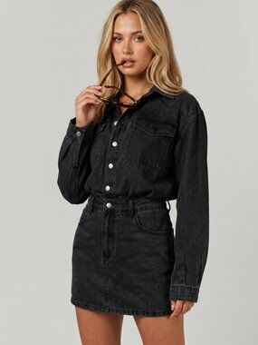 Women's Black Cotton Washed Denim Mini Dress Button Front Long Sleeve Shirt